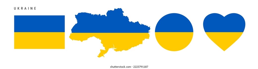 Ukraine flag icon set. Ukrainian pennant in official colors and proportions. Rectangular, map-shaped, circle and heart-shaped. Flat vector illustration isolated on white.