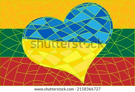 Ukraine flag in iconic heart shape placed over Lithuania flag to symbolise the gratitude expressed by Ukrainian people for humanitarian aid