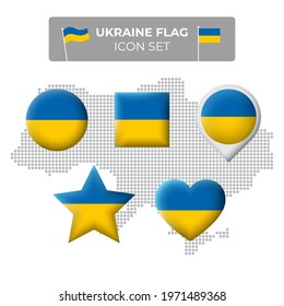 Ukraine flag icons set in the shape of square, heart, circle, stars and pointer, map marker. Mosaic map of ukraine. Vector ukrainian symbol, icon, button
