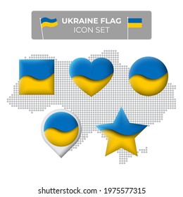 Ukraine flag icons set in the shape of square, heart, circle, stars and pointer, map marker. Mosaic map of ukraine. Waving in the wind. Paper cut. Vector ukrainian symbol, icon, button