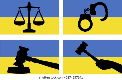 Ukraine flag with justice vector silhouette, judge gavel hammer and scales of justice and handcuff silhouette on country flag, Ukraine law concept, design asset, freedom idea