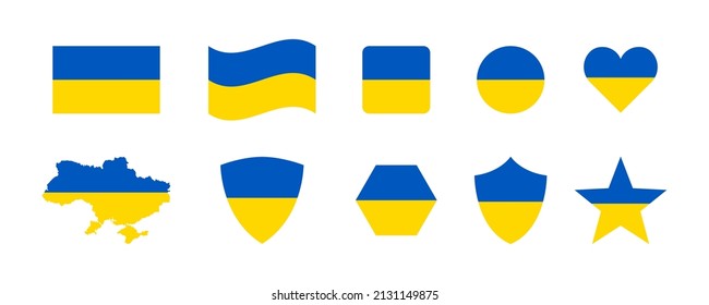 Bandera de Ucrania. Colección de signos de forma redondeada, cuadrada y de mapa de Ucrania. Vector de acciones