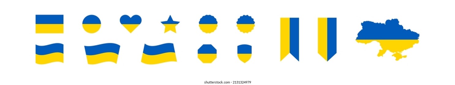 Ukraine flag and map isolated vector illustration signs set. Patriotic ribbon for national banner design.