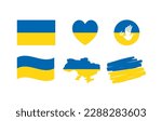 Ukraine flag. Flag and Map of Ukraine. National Symbol. Dove of Peace. Square, Heart and Round Shapes. Dark Blue and Yellow Illustration. Hand Drawn Brush Lines with Flag colors.
