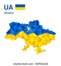 Ukraine flag map in polygonal geometric style.
Vector illustration of Ukraine, UA map in geometric polygonal style, with the capital Kyiv, Kiev marked with a star.