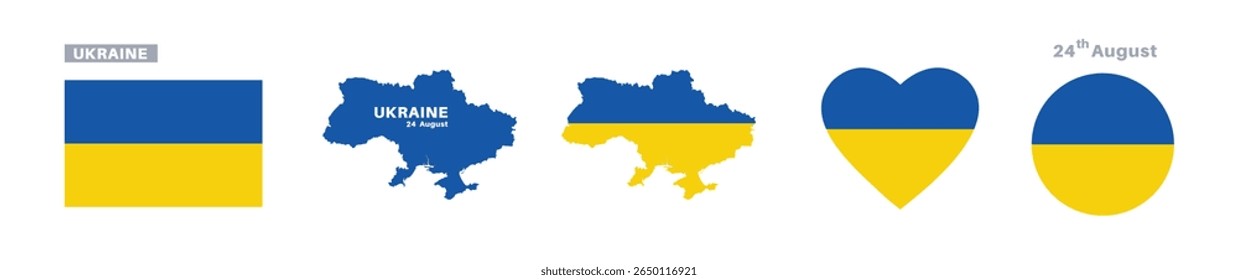 ukraine flag and map set. ukraine flag in official colors and proportions. independence day 24 august, map, circle and heart shaped ukraine