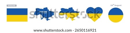 ukraine flag and map set. ukraine flag in official colors and proportions. independence day 24 august, map, circle and heart shaped ukraine