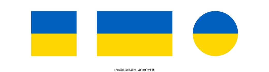 Ukraine flag. Flag of Ukraine. National symbol. Square, round and heart shape. Ukrainian flag symbol. Blue and yellow illustration.