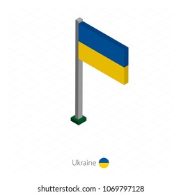 Ukraine Flag on Flagpole in Isometric dimension. Isometric blue background. Vector illustration.