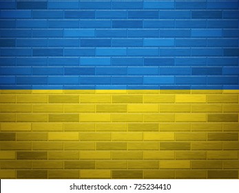 Ukraine flag on textured brick wall.