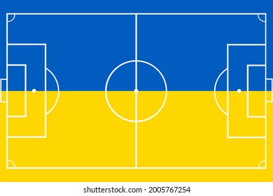 Ukraine flag over football soccer field vector illustration. Coach table for tactic presentation for players. Sport strategy view. Supporter fan background with national symbol.