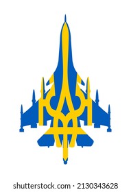 Ukraine flag over jet fighter military plane vector silhouette illustration isolated on background. Air attack with missile. Patriot protect country against enemy by aircraft. War crisis in Europe.