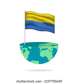 Ukraine flag pole on globe. Flag waving around the world. Easy editing and vector in groups. National flag vector illustration on white background.