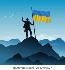Ukraine Flag raised on a mountain peak with clear sky in the background, vector illustration