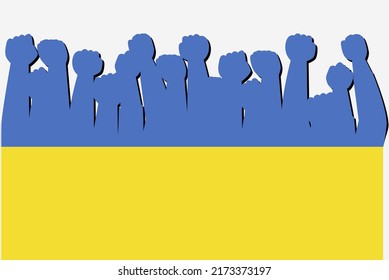 Ukraine flag with raised protest hands vector, country flag logo, Ukraine protesting concept, flat design, against idea