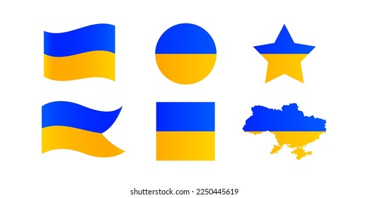 Ukraine flag set. Blue and yellow national colors ribbon set. Ukrainian national emblem waving collection.