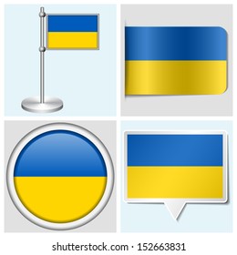 Ukraine flag - set of various sticker, button, label and flagstaff