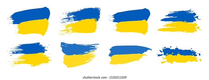 Ukraine flag set vector illustration. Ukrainian flag blue and yellow colors texture. Heart, love for Ukraine. Save Ukraine from Russia.