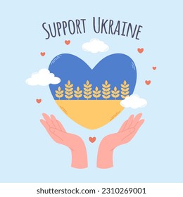 Ukraine flag in the shape of heart. Save Ukraine, Support Ukraine. Wheat fields and blue sky. Vector illustration in flat style