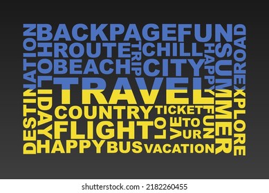 Ukraine flag shape of travel keywords, travel concept, abroad vacation idea, simple flat design, Ukraine flag mask on holiday words, tourism banner