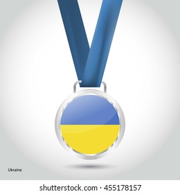 Ukraine Flag in Silver Medal. Vector Illustration. RIO Olympic Game silver Medal. Vector Illustration