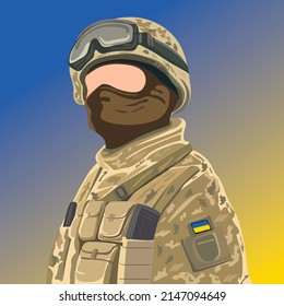 ukraine flag and soldier victory. 6th of December Ukrainian army day, special forces soldier. Young man in an army soldier's suit. Vector illustration. "stay with Ukraine" concept. Support for Ukraine