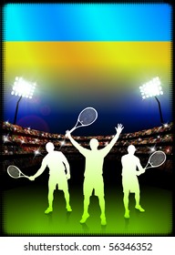 Ukraine Flag and Tennis Player on Stadium Background Original Illustration