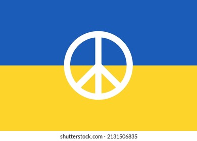 Die Flagge der Ukraine. Die offizielle Flagge der Ukraine mit der richtigen Farbe und Proportion. Die Nationalflagge der Ukraine mit einem Friedenssymbol. Friedenssymbol.