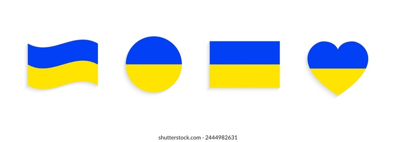 Ukraine flag vector collection. Ukrainian national symbols set. Flat isolated icons in traditional blue and yellow colors. Simple rounded, flagstaff, heart and rectangle shapes. Geometric badges