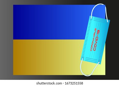 Ukraine flag with vector illustration of disposable mask and Covid-19 inscription
