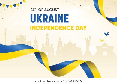 Ukraine Flag Waving On Skyline Background. Independence Day Concept Design Vector Illustration.