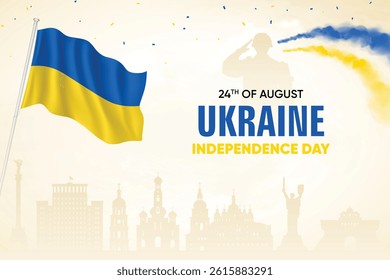 Ukraine Flag Waving On Skyline Background. Independence Day Concept Design Vector Illustration.