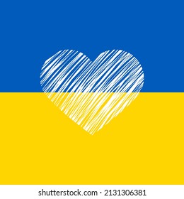 Ukraine flag and white heart. Support for Ukraine. Stop war in Ukraine. Care, love and charity symbol, hand drawn vector illustration. Pray for Ukraine. Say NO to war.