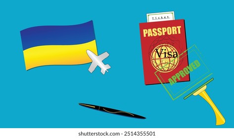 Ukraine flag with white plane icon. Passport with visa approved stamp. Black stylish Pen. Ukrainian Travel poster. Editable vector EPS available