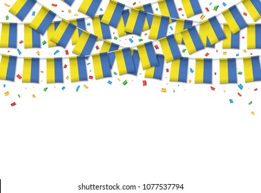 Ukraine flags garland white background with confetti, Hang bunting for Ukrainian independence Day celebration template banner, Vector illustration