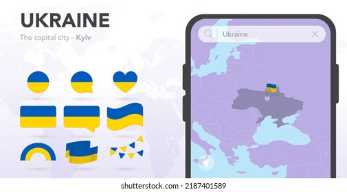 Banderas de Ucrania enarboladas. Aplicación de mapa móvil, búsqueda por Smartphone. Mapa y ciudad capital. Banderas mundiales de cinta. Conjunto de vectores. Colección de símbolos nacionales. Discurso de burbujas, círculo, corazón, íconos arcoiris. Capital