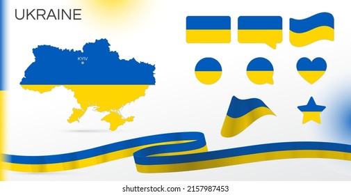 Ukraine flags set. Various designs. Map and capital city. World flags. Vector set. Circle icon. Template for independence day. Collection of national symbols. Ribbon. Glory to Ukraine