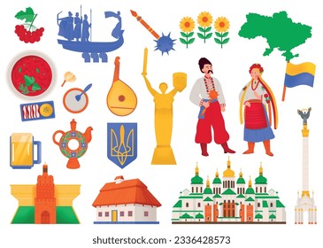 Ukraine flat icons set depicting history cuisine national traditions orthodox monuments of architecture isolated vector illustration