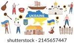 Ukraine flat set with ukranian flag coat of arms people architecture cuisine sunflowers isolated vector illustration