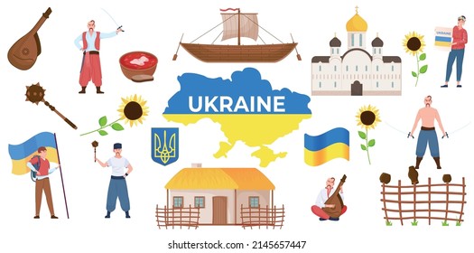 Ukraine flat set with ukranian flag coat of arms people architecture cuisine sunflowers isolated vector illustration