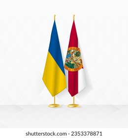 Banderas de Ucrania y Florida en el puesto de bandera, ilustración para diplomacia y otro encuentro entre Ucrania y Florida. Ilustración vectorial.