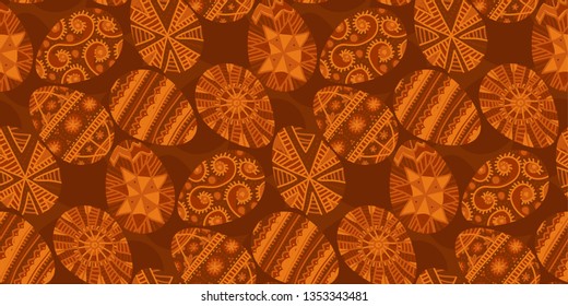 Ukraine folk style easter egg seamless pattern in deep natural terra cotta brown colors. Naive flat repeatable motif for fabric, wrapping paper, surface design, web background. vector illustration.