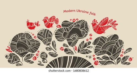 Ukraine folk vibes black floral and red bird header.  Spring bird and flower ethnic style element for card, header, invitation, poster, social media, post publication. 
