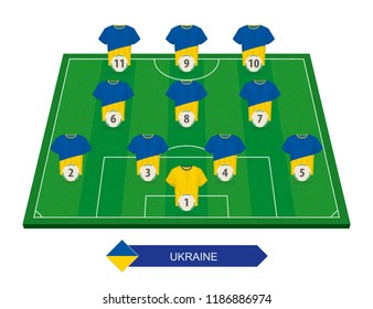 Ukraine football team lineup on soccer field for European football competition