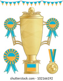 ukraine football trophy, medal and rosette, isolated on white