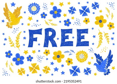 Ukraine free, graphic elements, dove, sunflower, flowers, stars, yellow-blue background, folk ethnic hand-drawn style