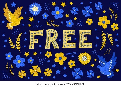 Ukraine free, graphic elements, dove, sunflower, flowers, stars, yellow-blue background, folk ethnic hand-drawn style