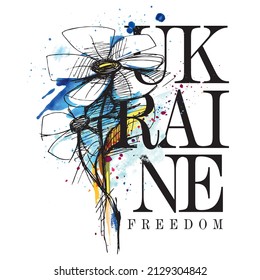 Ukraine Freedom. Patriotic print for Lover Ukraine. Sketch of Flowers. Line drawing