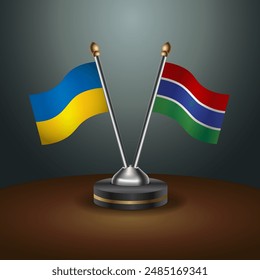 Ukraine and Gambia flag together. Small table flag with color gradient background