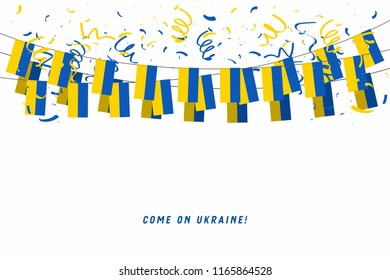 Ukraine garland flag with confetti on white background, Hang bunting for Ukraine celebration template banner. vector